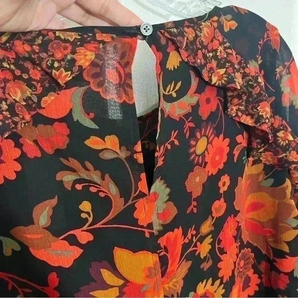 NWT LOFT Romantic Ruffle Trim Black Red and Orange Floral Top | size small - Picture 7 of 9